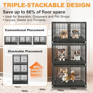 Homey Pet 43 Inch Dog Crate, Heavy Duty Stackable Dog Crate Cage Kennel for Medium Dogs with Divider, Bowls, 3 Door, Removable Grid & Tray, 4 Lockable Wheels, Breeding & Grooming Drop Cages for Dogs - Image 2