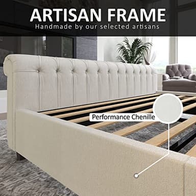 AMERLIFE King Size Platform Bed Frame, Chenille Upholstered Sleigh Bed with Scroll Wingback Headboard & Footboard/Button Tufted/No Box Spring Required/Cream - Image 7