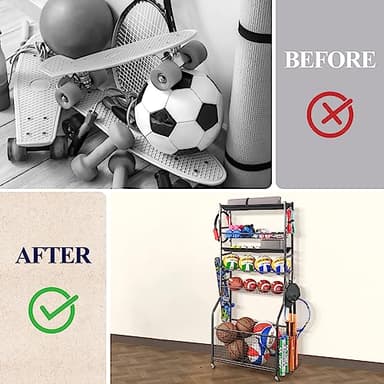 Mythinglogic Garage Sports Equipment Organizer, Ball Storage Extra Large Capacity Six Tier Sports Organizer for Garage, Basketball Rack with Hooks and Baskets for Football, Soccer Ball, Bat, Toys - Image 6