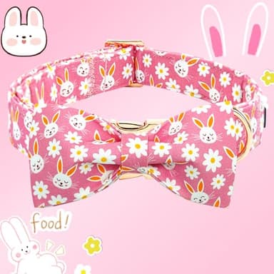 Bobo Rainbow Easter Dog Collar-Pink Rabbit Collar Adjustable Cute Pet Collar Soft Pink Flower Dog Collar with Bow Tie Holiday Cotton Puppy Collar Metal Buckle Collar Gift for Large Dogs - Image 3