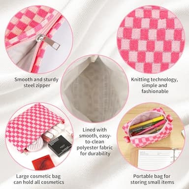 GUTGNK 2-Pack Makeup Bag For Women - Large Checkered Knitted Cosmetic Bags&Small Makeup Pouch Aesthetic Design Travel Toiletry Bag Skincare Bag Car Storage Bag With Zipper(Pink) - Image 5