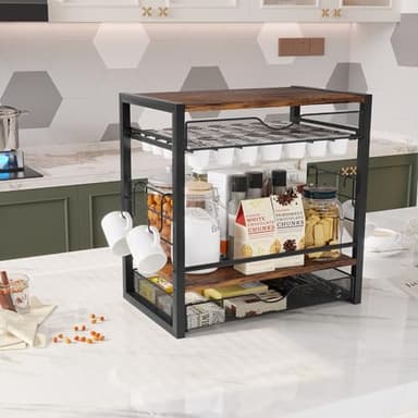 TQVAI Coffee Bar Organizer for Countertop 3-Tier 70 Capsules Coffee Station Organizer with Sliding K Cup Drawer & 4 Coffee Cup Hooks for Coffee Bar Accessories, Black - Image 7