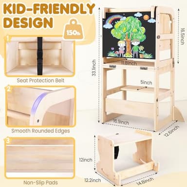 Woodure 6 in-1 Toddler Kitchen Step Stool with Wooden Stool, Foldable Learning Standing Tower with Blackboard & Feeding Tray, Wooden Kitchen Stool Helper for Kids, 1-3 Year Old Boy Girl Gifts - Image 2