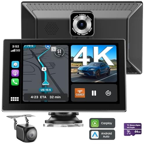 Portable CarPlay Screen for Car, 9'' Wireless Apple CarPlay & Android Auto Screen for Car, 4K Dash Cam, 1080P Backup Camera, GPS Navigation/Bluetooth/FM/Siri Voice Control for All Vehicles - Image 1