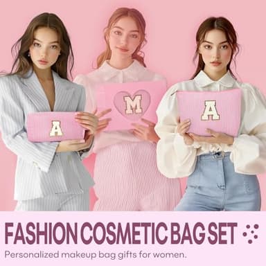 2 PCS Initial Makeup Bags for Women: Cosmetic Bag for Travel Toiletry - Birthday Gifts for 11 12 13 14 15 16 17 18 Years Old Girl Graduation Teacher Gift- Teen Girl Gifts Trendy Stuff - Pink A - Image 2