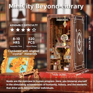 MiniCity DIY Book Nook Kit for Adults, 3D Wooden Puzzle Bookend Bookshelf Insert Decor with LED Light and Dust Cover (Beyond Library) - Image 2