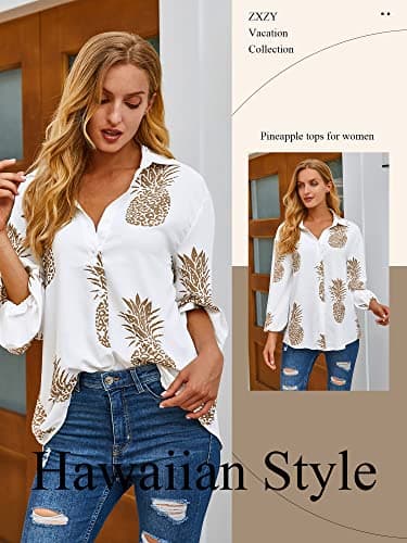 ZXZY Women Pineapple Printed Lapel Collar Half Sleeves Buttons Down Blouse Shirt - Image 5