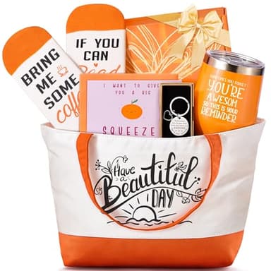 Birthday Gifts for Women, Mom, Best Friend, Sister, Wife, Girlfriend, Her - Unique Valentines, Mothers Day, Christmas Stuff - Orange Inspirational Thank You Gift, Happy Birthday Basket Set - Image 1