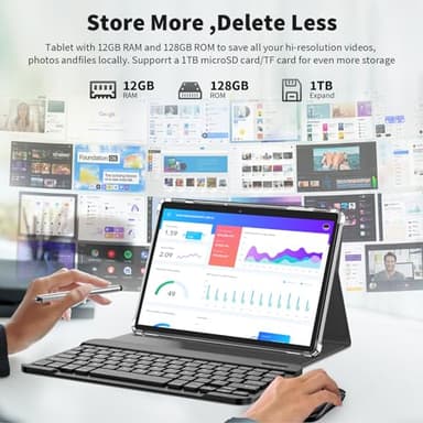 QDDQ Android Tablet with Keyboard, Android 14 Tablet, 12(6+6) GB+128GB, 1TB Expand, 2 in 1, Mouse, Stylus, 8000mAh Battery, 2.4G/5G WiFi, GPS, Certified, Black Case - Image 3