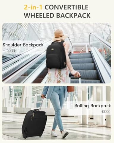 MATEIN Rolling Backpack for Women, 17 inch Water Resistant Wheeled Laptop Backpack, Large Carry On Luggage Travel Backpack with Wheels, Trolley Suitcase Business Overnight Roller Bag for Adults, Black - Image 7