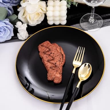 Nervure 100PCS Black and Gold Plastic Plates - 10.25 inch Black Disposable Plates - Gold Rim Dinner Plate - Black Dinner Plate Ideal for Wedding & Party & Halloween - Image 7