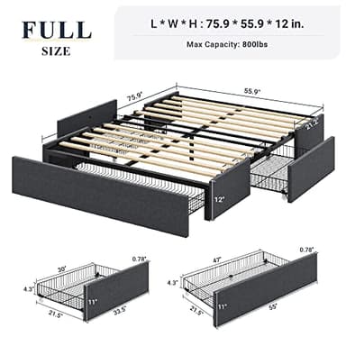 Allewie Full Size Platform Bed Frame with 3 Storage Drawers, Fabric Upholstered, Wooden Slats Support, No Box Spring Needed, Noise Free, Easy Assembly, Dark Grey - Image 2