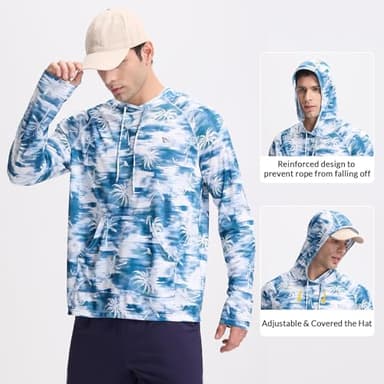baleaf Swim Shirts Men Rash Guard Long Sleeve Sun Protection Hoodie UV Lightweight Athletic Running with Kangaroo Pocket Blue Coconut L - Image 2