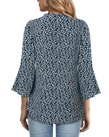 Gaharu Women's Tunic Tops - Casual Work Blouses with Bell Sleeves - Elegant Office Wear in Sky Blue Flower Print, Size XL - Image 3