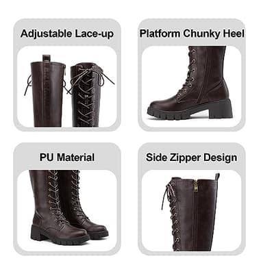 Jeossy Women's Knee High Combat 9603 Boots, Tall Platform Chunky Heel Boot with Lace, Synthetic Leather Long Comfy, Round Toe Boot with Zipper, Whisky, Size 9.5(DJY9603 Whisky 09.5) - Image 4