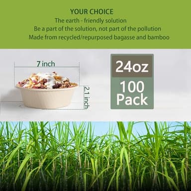 24 Oz Disposable Bowls, [100 Pack] Paper Bowls Disposable - Heavy Duty and Eco-friendly Sugarcane and Bamboo Bagasse Biodegradable Bowls for Cereal, Rice, French Fries - Convenient and Compostable - Image 2