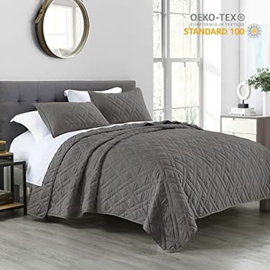 HORIMOTE HOME Quilt Set King Size Grey, Classic Geometric Diamond Stitched Pattern,Microfiber Ultra Soft Lightweight Bedspread Coverlet for All Season, 3 Piece Includes 1 Quilt and 2 Shams - Image 2
