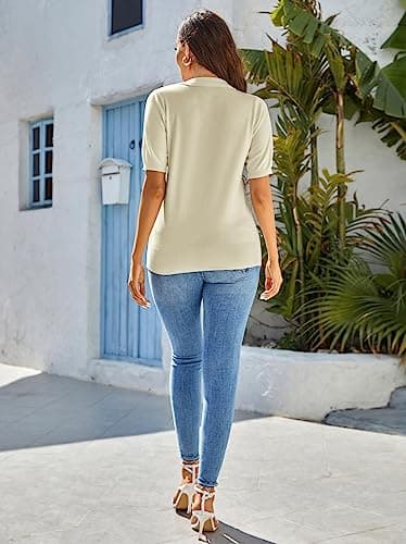 Kate Kasin Women Short Sleeve Polo Neck Pullover Sweater Casual Lightweight Loose Knit Tops Apricot M - Image 7