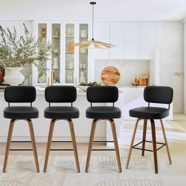 Bekrvio Swivel Bar Stools Set of 4, 29" Upholstered Faux Leather Barstools with Back and Bent Wood Legs, Mid Century Modern Bar Chair Island Stool for Kitchen Counter, Black - Image 8