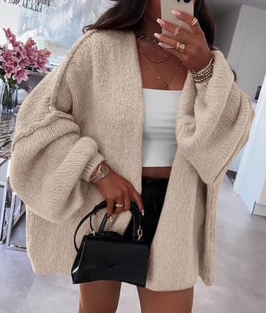PRETTYGARDEN Womens Oversized Cardigan Sweaters 2025 Fall Long Lantern Sleeve Knit Open Front Lightweight Sweater (Grey Beige,Medium) - Image 8