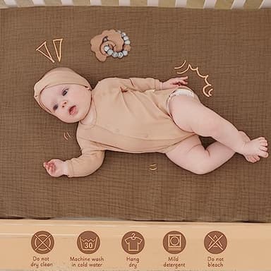 COSMOPLUS-Muslin-Crib-Sheets-for-Girls-Boys-Neutral-Baby,2 Pack Boho Crib Matress Sheet,Fitted Crib Sheet for Standard Crib Mattress & Toddler Bed Mattress,Organic Cotton,Ivory & Iced Coffee - Image 4