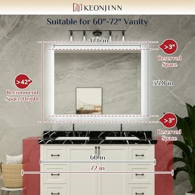 Keonjinn LED Mirror for Bathroom 48 x 36 Inch, Backlit Mirrors with Dimmable 3-Color Lights, Lighted Vanity Mirror High Lumen, Anti-Fog, Shatterproof Tempered Glass, CR90+ - Image 2