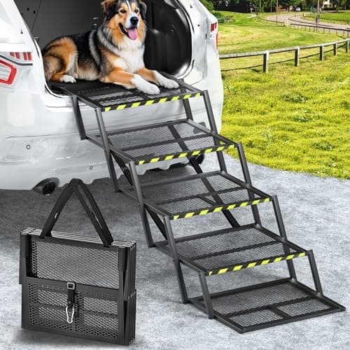 Pawaboo Extra Wide Dog Stairs for Car, Foldable Dog Ramps for Car with Non Slip Surface & Reflective Tape, Heavy Duty Dog Steps for Cars, SUV, Truck, 400lbs Capacity, 14"-35" Adjustable Height - Image 1