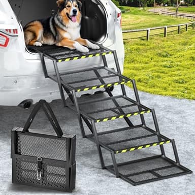 Pawaboo Extra Wide Dog Stairs for Car, Foldable Dog Ramps for Car with Non Slip Surface & Reflective Tape, Heavy Duty Dog Steps for Cars, SUV, Truck, 400lbs Capacity, 14"-35" Adjustable Height - Image 1