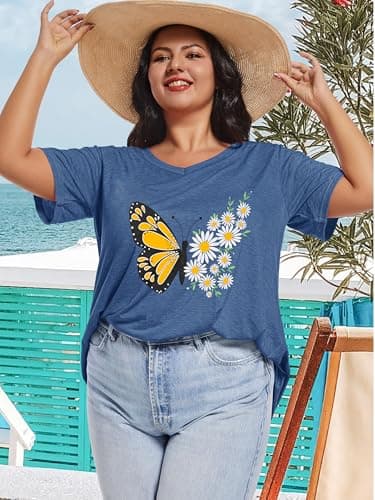 JOELLYUS Plus Size Tops for Women Summer Top V Neck T Shirts Loose Fit Basic Tees Short Sleeve Blouse(Grey Blue Butterfly,2XL) - Image 3