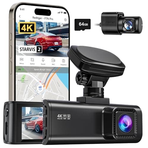 REDTIGER 4K Dash Cam Front and Rear, STARVIS 2 Sensor, 64GB Card Included, 4K/2.5K+1080P Dual Dash Camera for Cars Built-in WiFi GPS, 3.18 Inch IPS Screen, 170° Wide Angle, Parking Monitor (F7N Pro) - Image 1