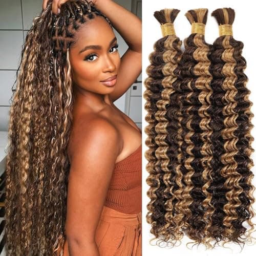 Human Braiding Hair for Boho Braids 150g 18 Inch Ombre Highlight Curly Boho Hair for Braiding Knotless 12A Deep Wave Bulk Bohemian 3 Bundles/Pack Color P4/27 - Image 1