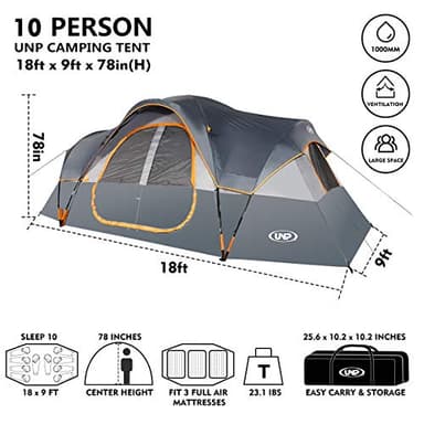UNP Camping Tent 10-Person-Family Tents, Parties, Music Festival Tent, Big, Easy Up, 5 Large Mesh Windows, Double Layer, 2 Room, Waterproof, Weather Resistant, 18ft x 9ft x78in (Gray) - Image 2