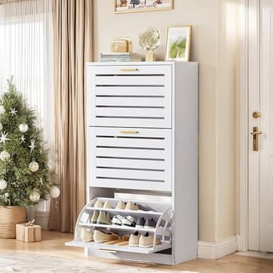 VECELO Shoe Cabinet Storage for Entryway with 3 Flip Drawers Slim Hidden Free Standing Organizer for Narrow Hallway, Bedroom, Living Room, Large Capacity, Modern, White, 3-Shelf - Image 1
