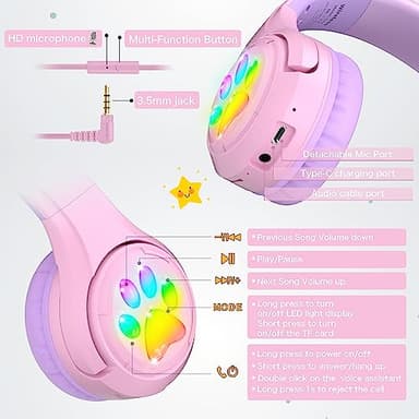 Riwbox CF9 Cat Ear Kids Bluetooth Headphones with LED Light Up,Safe 85dB Volume Limit,Built-in Mic&Boom Mic for Calls,Kids Wireless&Wired Headphones for Tablet/Airplane/School/Online Learning (Purple) - Image 5