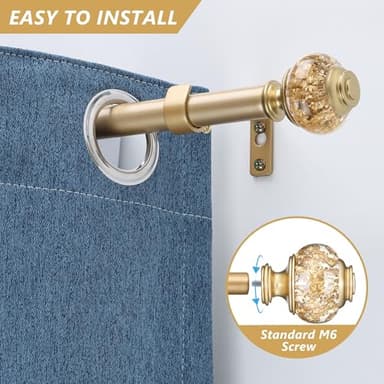 Gold Curtain Rods for Windows 48-84 Inch, 6/8 Inch Adjustable Telescoping Drapery Rod with with Translucent Gold Foil Finials, Decorative Single Curtain Rod Set for Bedroom Living Room - Image 2