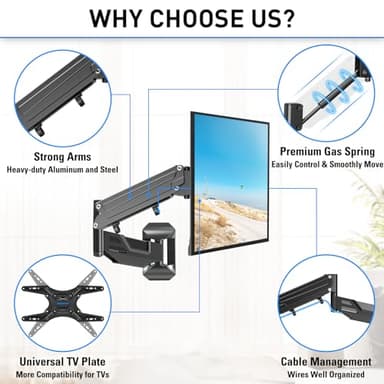 MOUNTUP Height Adjustable TV Wall Mount for 26-55 Inch TVs, Gas Spring Full Motion Articulating TV Bracket with Smooth Swivel Tilt & Safe Corner Installation, 400x400mm VESA, 11-66 lbs, Matte Black - Image 6