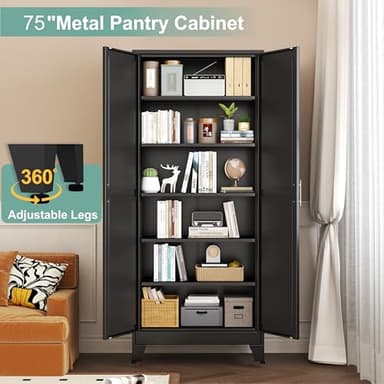 Metal Pantry Cabinet with 2 Doors and 5 Adjustable Shelves, 75" Kitchen Storage cabinets with Gold Handles, Versatile Storage for Laundry Room, Living Room, Bathroom, Dinning Room, Utility Room-Black - Image 6