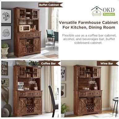 OKD 72" Farmhosue Bar Cabinet with Sliding Barn Door, Large Kitchen Buffet with Hutch w/Wine & Glasses Rack, 3 Drawers, 12 Storage Shelves, Rustic Coffee Bar Sideboard Table, Reclaimed Barnwood Color - Image 8