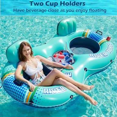 Jasonwell Heavy Duty 2 Person Inflatable River/Pool Tube Float with Removable Cooler, Tubes for Lake, Floating River Raft Lounge Floatie with 2 cup Holders For Adults, Cyan - Image 3