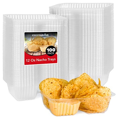 12oz Plastic Nacho Trays (100 Pack) Small Disposable Tray for Nachos & Cheese Dip, Concession Stand Supplies, Movie Night Snacks for Kids, Carnival Party Decorations, Food Boats, Snack Containers… - Image 1
