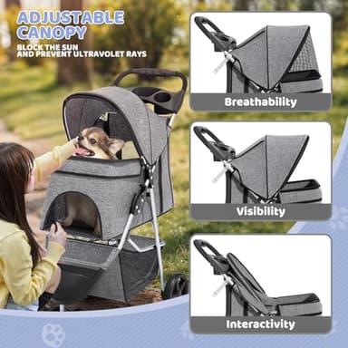 Magshion 3-Wheel Pet Stroller, Foldable Travel Jogger for Small & Medium Dogs & Cats (Up to 33lbs), Lightweight Carrier with Breathable Mesh Cover, Cup Holder & Storage Basket, Gray - Image 5