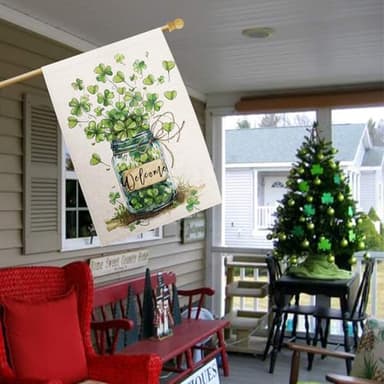 FUYUCHEN St Patricks Day Shamrocks Mason Jar House Flag 28x40 Inch Double Sided Large Burlap for Outside Green Lucky Clovers Welcome Yard Holiday Flag - Image 3