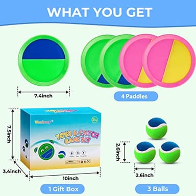 Weehoey Beach Toys - Outdoor Games for Kids, Toss and Catch Ball Set with 4 Paddles 3 Balls, Toys for 3 4 5 6 7 8+ Year Old Boys Girls Christmas Birthday Gifts (Pink and Green) - Image 6