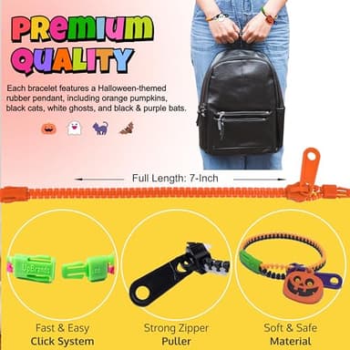 UpBrands 120-Pack Halloween Fidget Zipper Bracelets – Bulk Party Favor Toys for Kids, School Goodie Bags & Giveaways, Pinata Fillers - Image 3