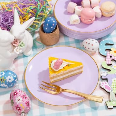 Festiva 200Pcs Purple Gold Dessert Plates 6.3" with Plastic Forks 5"- Disposable Lavender Purple Cake/Appetizer/Salad Plates - serve 100 guests for Party&Wedding&Easter - Image 5