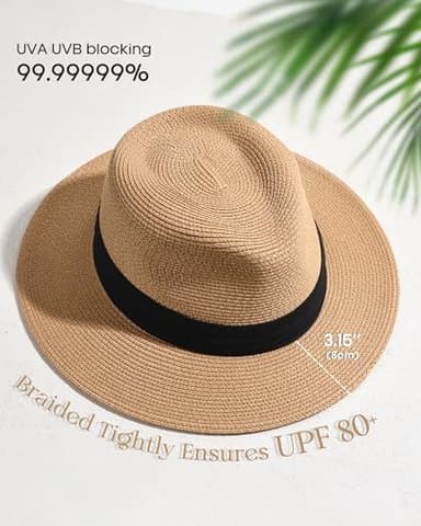 FURTALK Panama Hat Sun Hats for Women Men Wide Brim Fedora Straw Beach Hat UV UPF 80+ - Image 3
