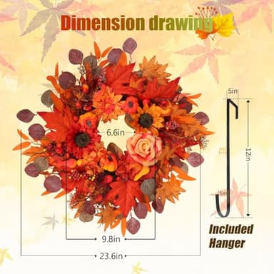 24" Fall Wreath for Front Door Outside - Sunflower, Pumpkin, Berry & Maple Leaves | Weatherproof Autumn Outdoor Wreaths with Hanger Hook for Thanksgiving, Harvest - Image 3