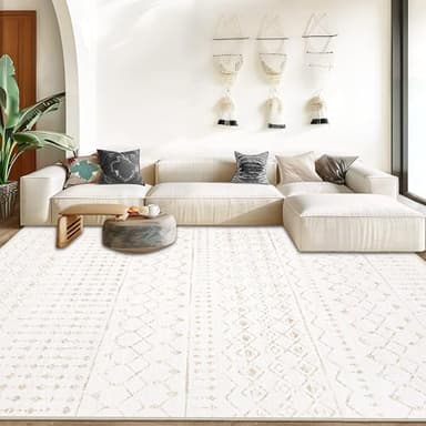 Area Rug for Living Room 9x12: Large Washable Boho Moroccan Rugs Geometric Neutral Rug, Non-Slip Foldable Morden Farmhouse Indoor Floor Carpet for Bedroom Dining Table Home(Geometric Beige, 9'X12') - Image 3