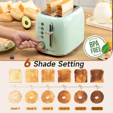Aigostar Toaster 2 Slice Retro Toaster Stainless Steel, 1.6 inch Extra Wide Slots Bread Toaster Bagel, Cancel, Defrost Function, 6 Shade Settings & Removable Crumb Tray for Bread Waffle, Aqua Green - Image 5