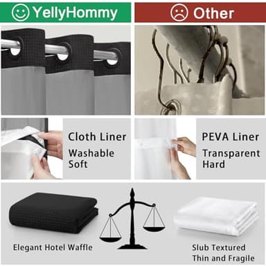 YellyHommy No Hook Shower Curtain with Snap in Liner Set Less Time Black Waffle Shower Curtain for Bathroom 75" L x 72" W - Image 5